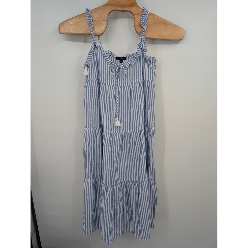 J.Crew XS‎ Blue White Stripe Cotton Linen Tiered Maxi Dress Smocked Ruffle NWT
